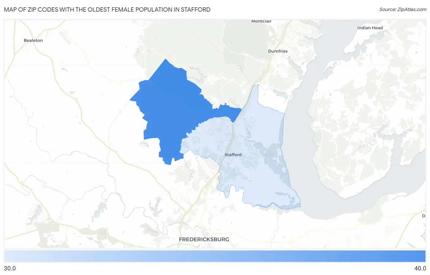 Zip Codes with the Oldest Female Population in Stafford Map