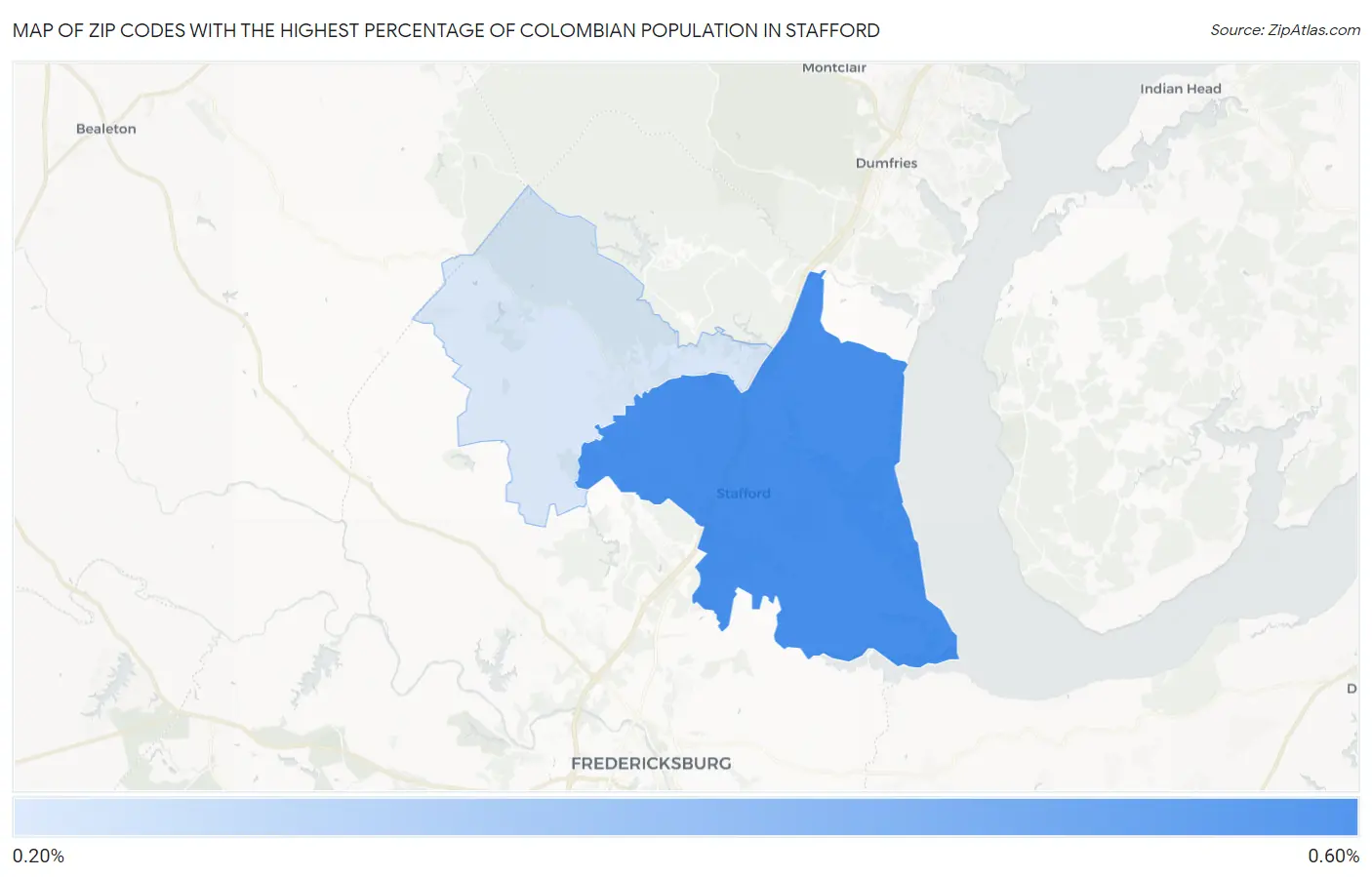 Zip Codes with the Highest Percentage of Colombian Population in Stafford Map