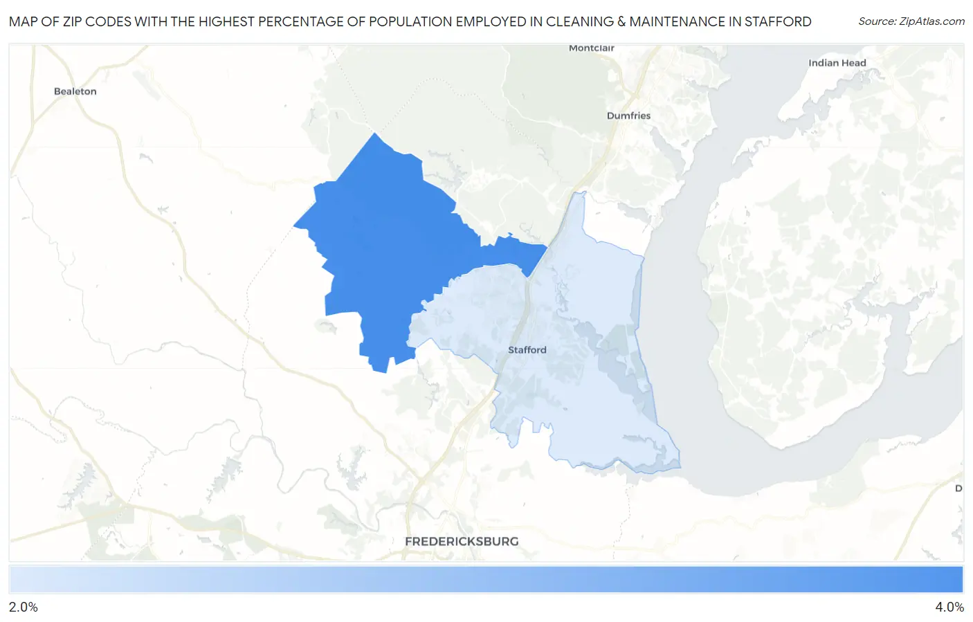 Zip Codes with the Highest Percentage of Population Employed in Cleaning & Maintenance in Stafford Map