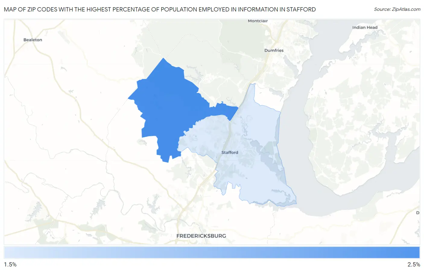 Zip Codes with the Highest Percentage of Population Employed in Information in Stafford Map