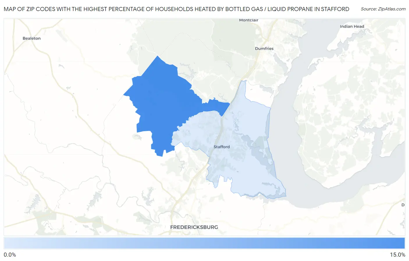 Zip Codes with the Highest Percentage of Households Heated by Bottled Gas / Liquid Propane in Stafford Map
