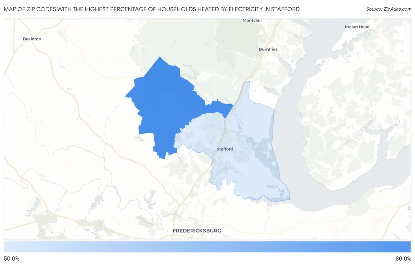 Zip Codes with the Highest Percentage of Households Heated by Electricity in Stafford Map