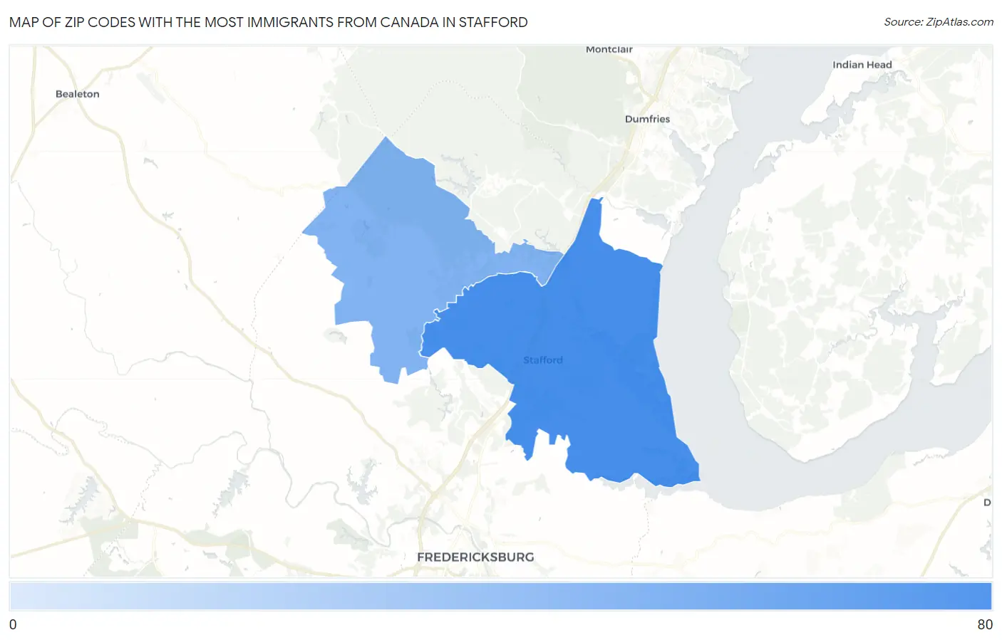Zip Codes with the Most Immigrants from Canada in Stafford Map