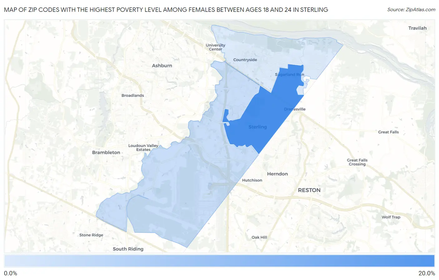 Zip Codes with the Highest Poverty Level Among Females Between Ages 18 and 24 in Sterling Map