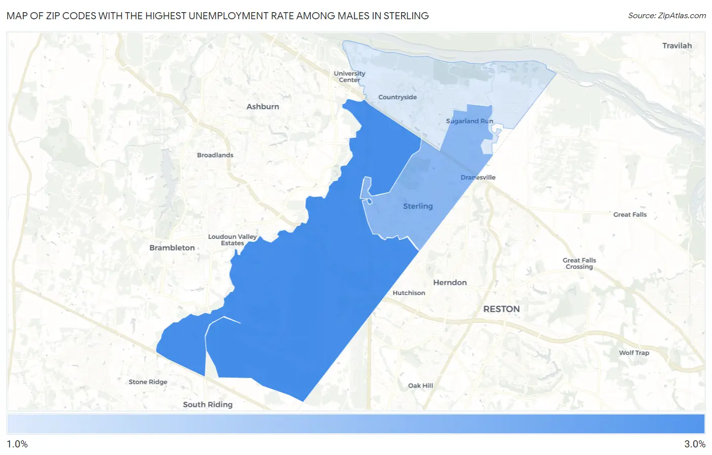 Zip Codes with the Highest Unemployment Rate Among Males in Sterling Map