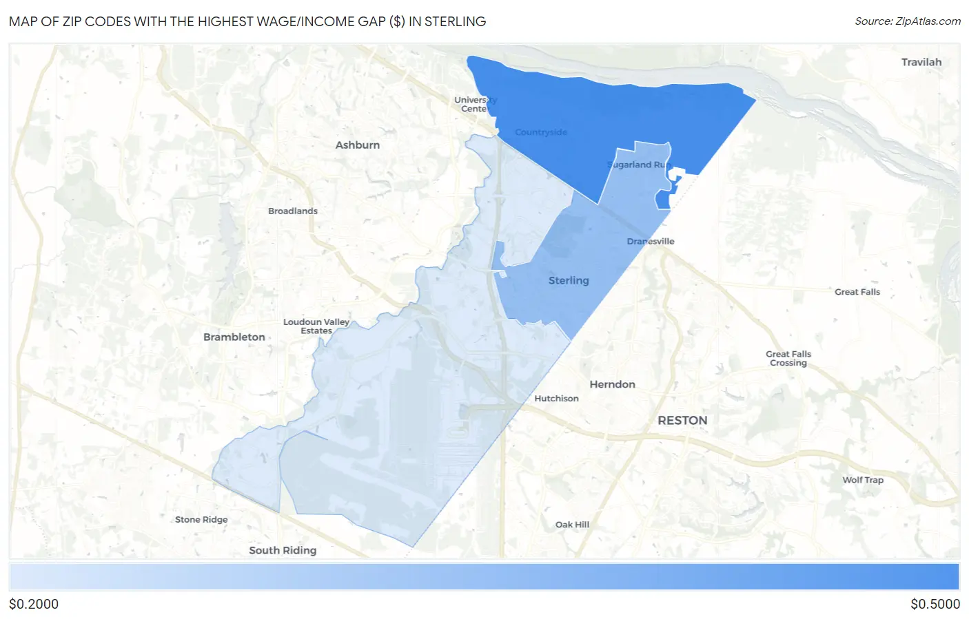 Zip Codes with the Highest Wage/Income Gap ($) in Sterling Map