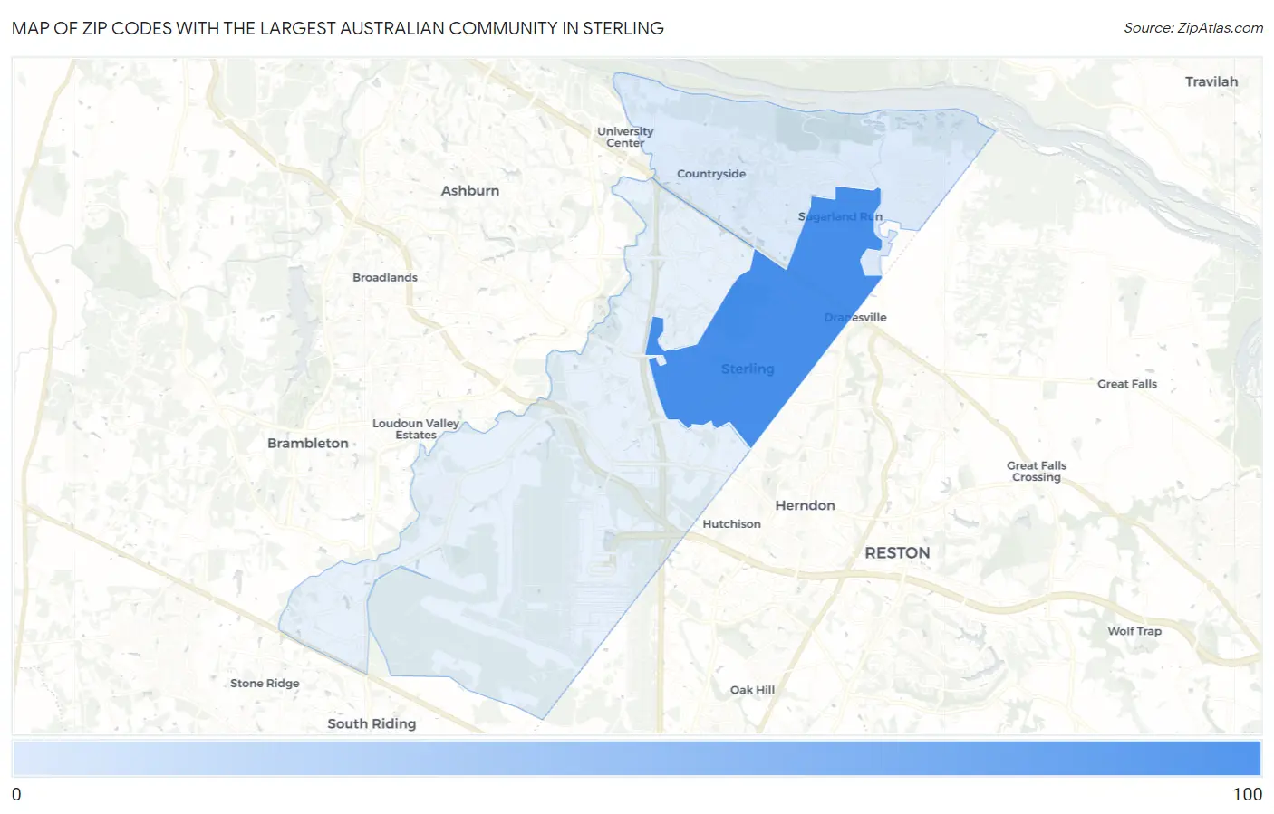 Zip Codes with the Largest Australian Community in Sterling Map