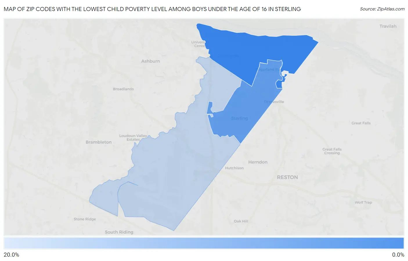 Zip Codes with the Lowest Child Poverty Level Among Boys Under the Age of 16 in Sterling Map