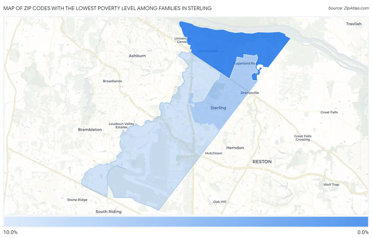 Zip Codes with the Lowest Poverty Level Among Families in Sterling Map