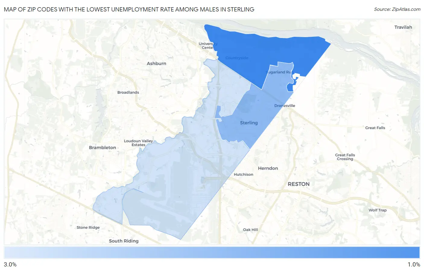 Zip Codes with the Lowest Unemployment Rate Among Males in Sterling Map