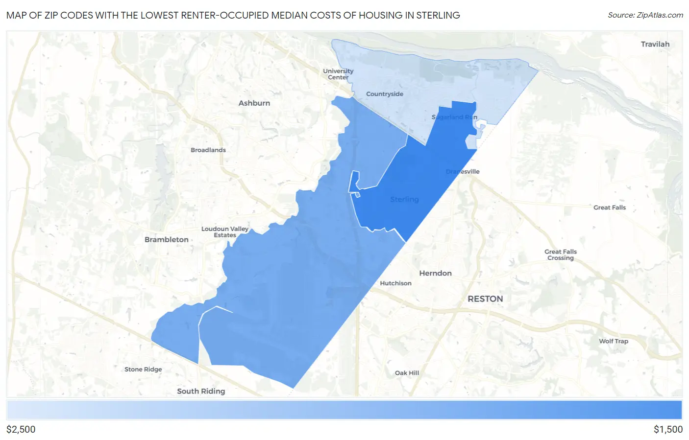 Zip Codes with the Lowest Renter-Occupied Median Costs of Housing in Sterling Map