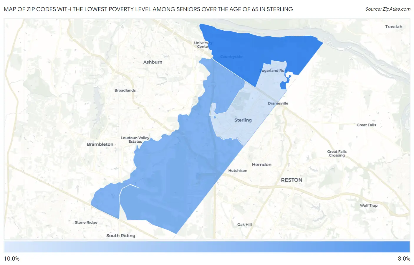 Zip Codes with the Lowest Poverty Level Among Seniors Over the Age of 65 in Sterling Map