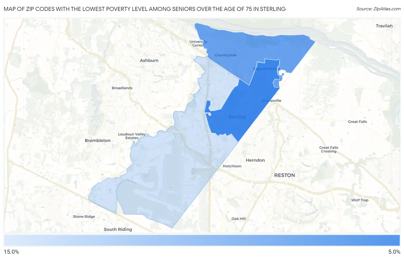 Zip Codes with the Lowest Poverty Level Among Seniors Over the Age of 75 in Sterling Map