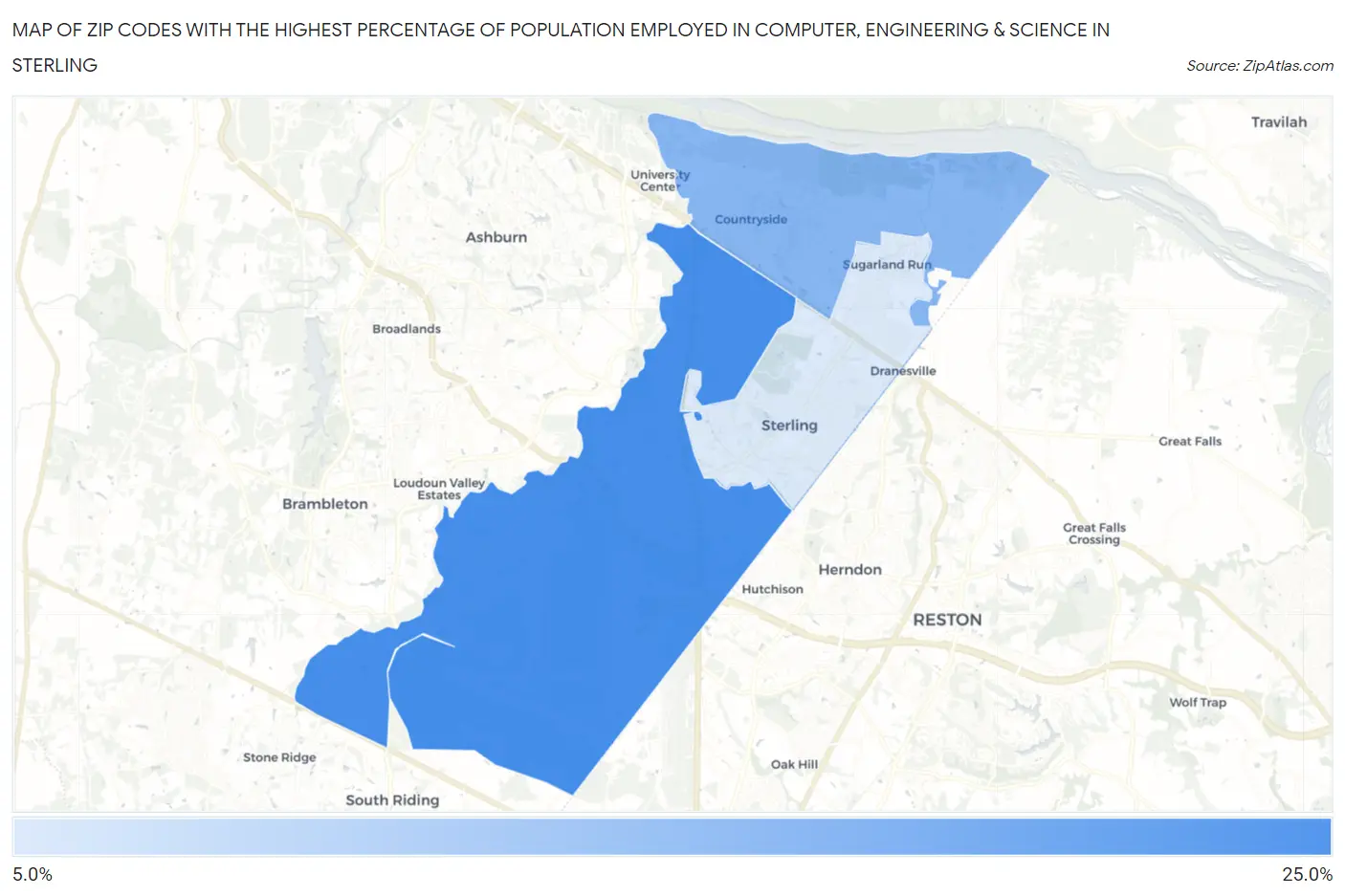 Zip Codes with the Highest Percentage of Population Employed in Computer, Engineering & Science in Sterling Map