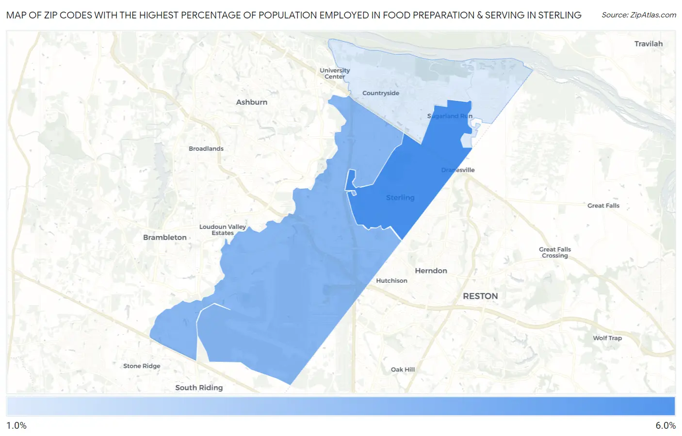 Zip Codes with the Highest Percentage of Population Employed in Food Preparation & Serving in Sterling Map