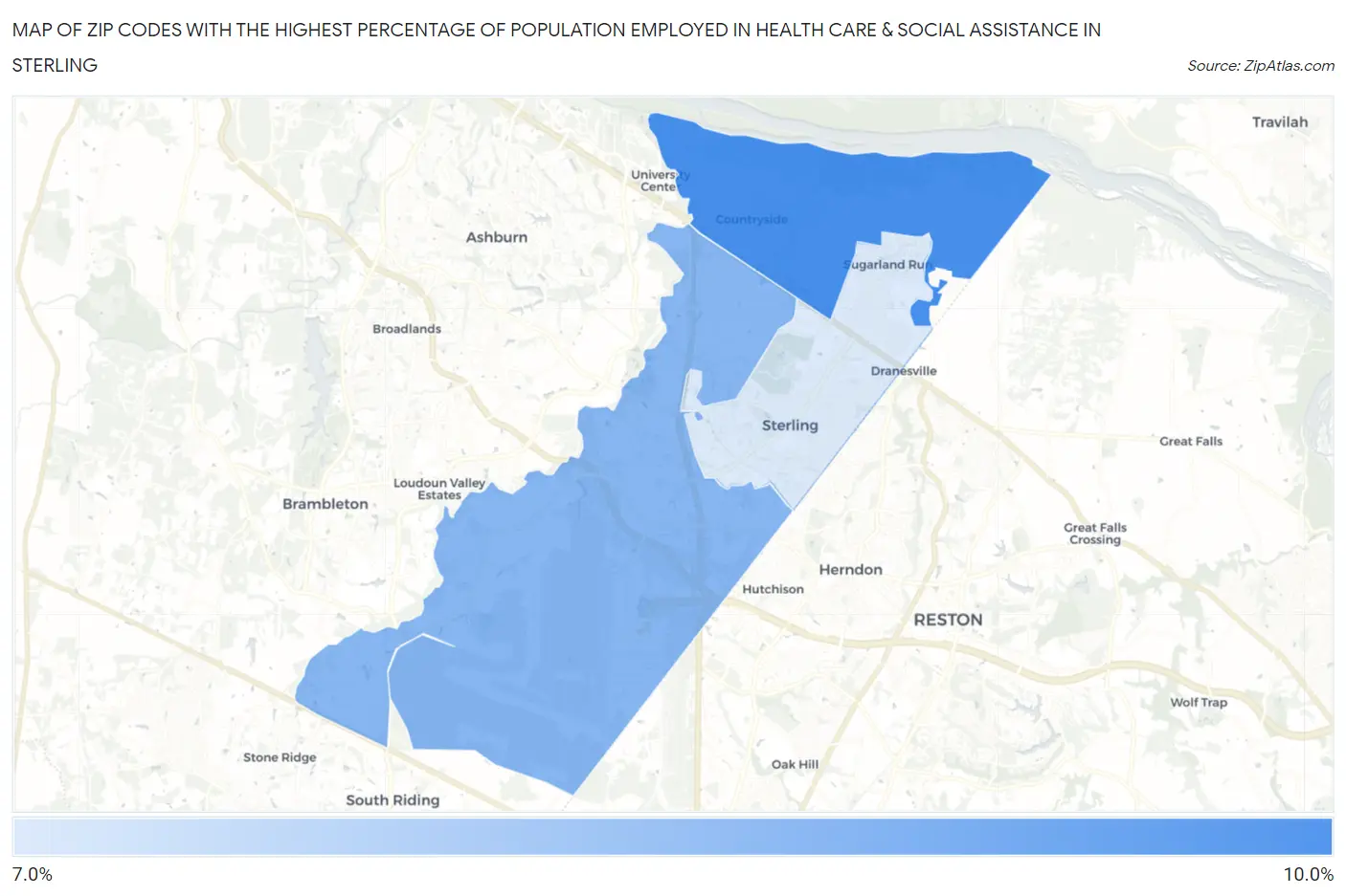 Zip Codes with the Highest Percentage of Population Employed in Health Care & Social Assistance in Sterling Map