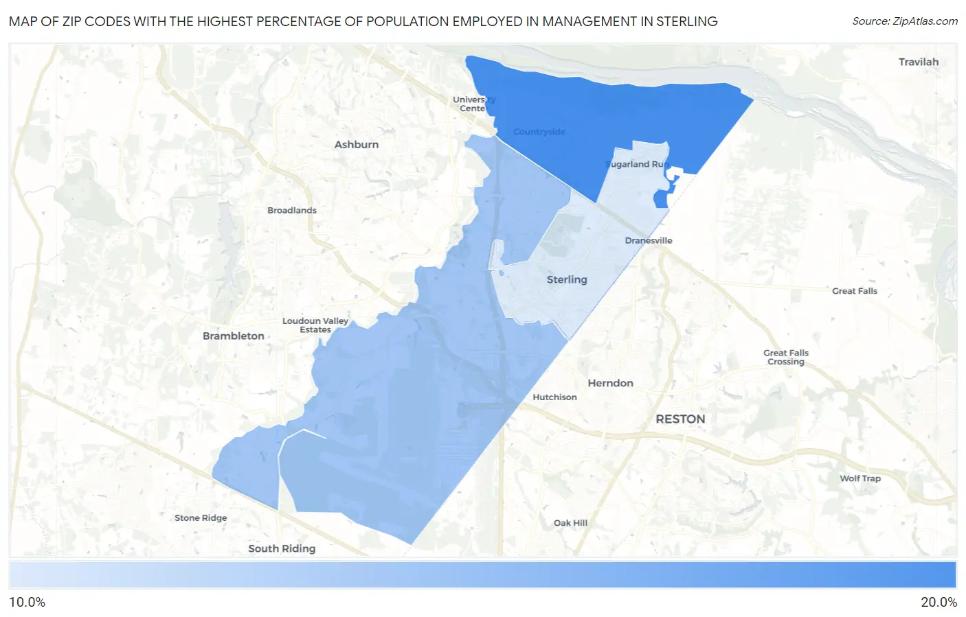 Zip Codes with the Highest Percentage of Population Employed in Management in Sterling Map