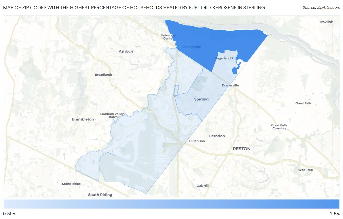 Zip Codes with the Highest Percentage of Households Heated by Fuel Oil / Kerosene in Sterling Map