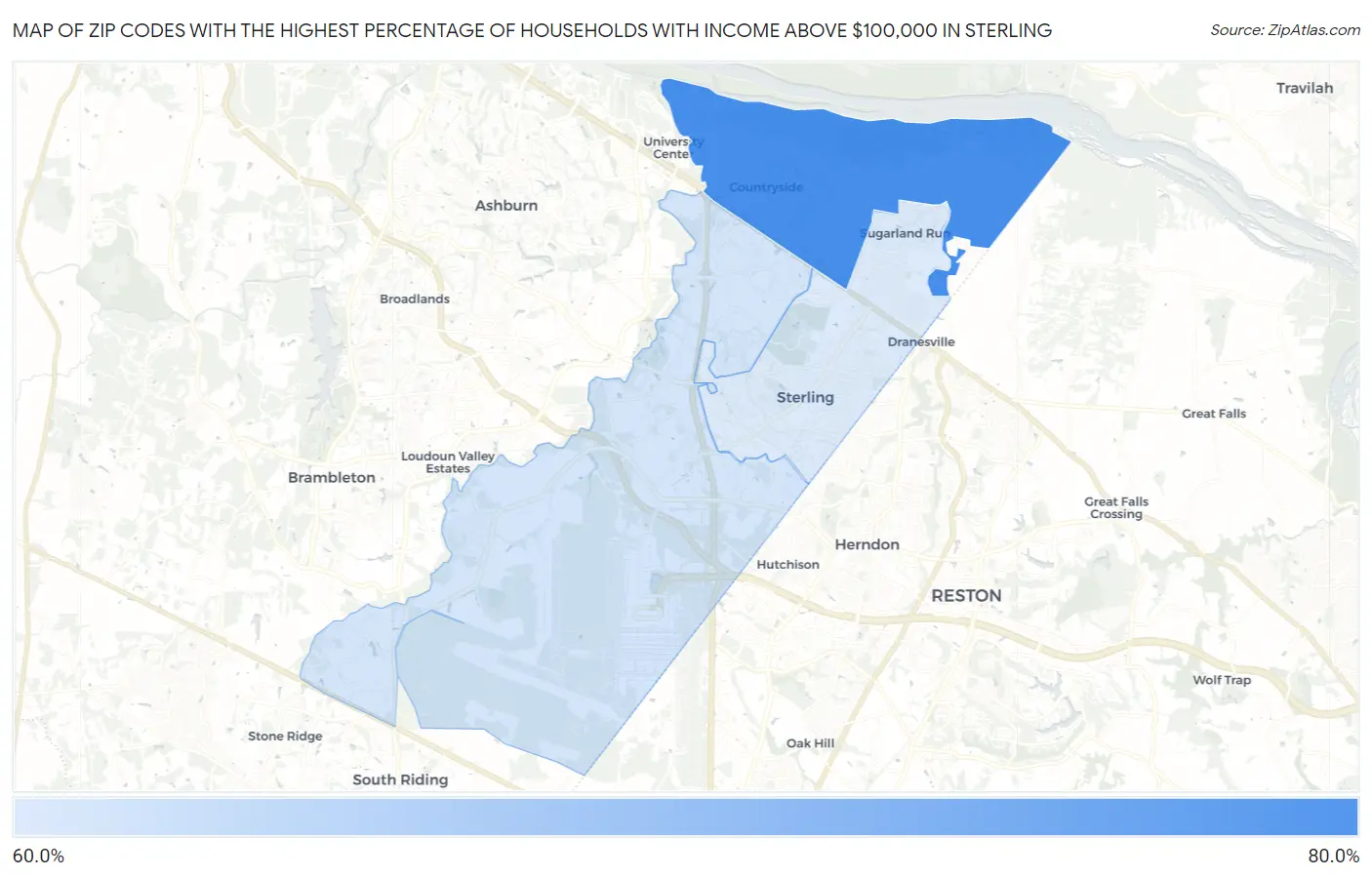 Zip Codes with the Highest Percentage of Households with Income Above $100,000 in Sterling Map