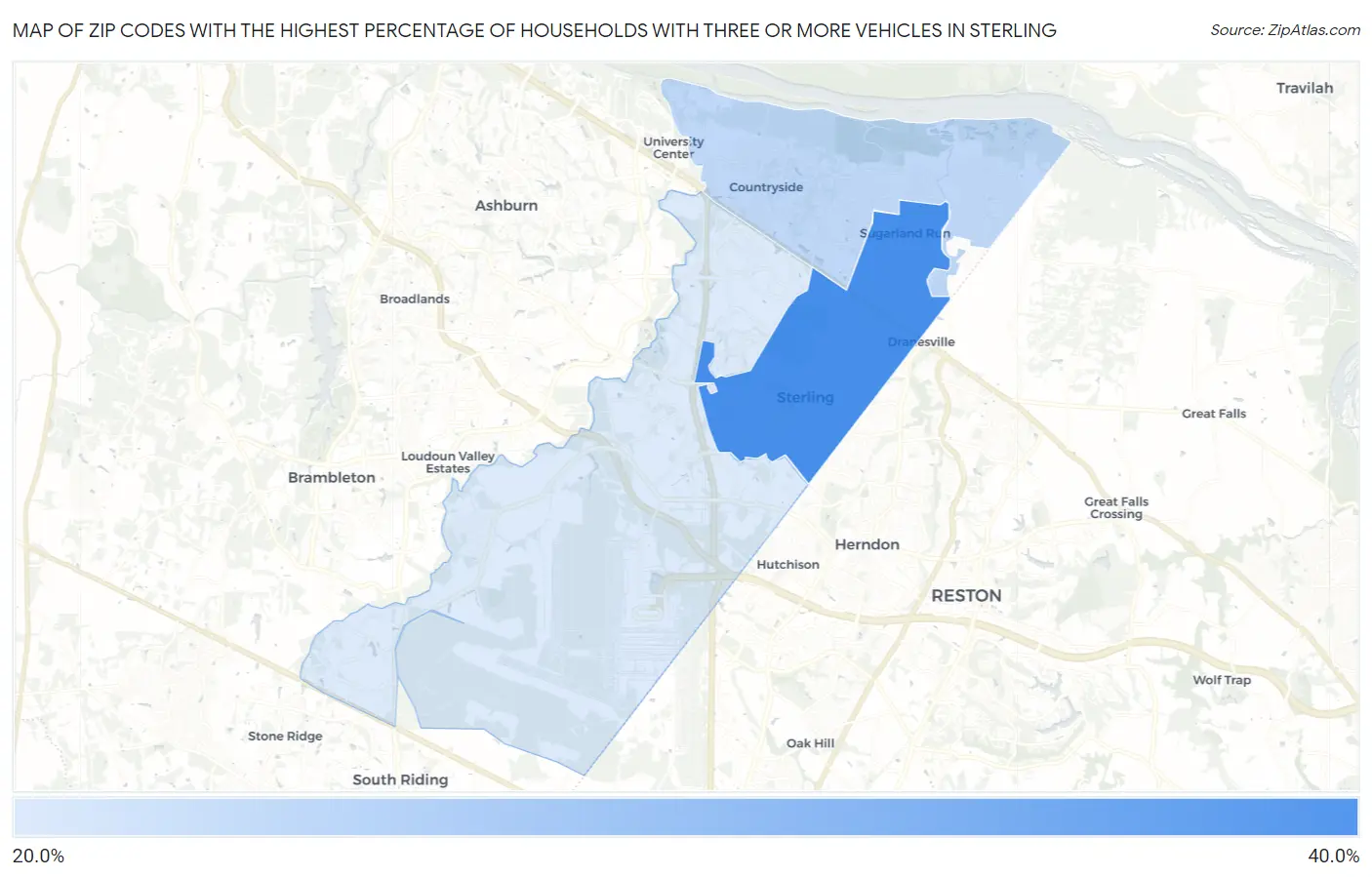 Zip Codes with the Highest Percentage of Households With Three or more Vehicles in Sterling Map