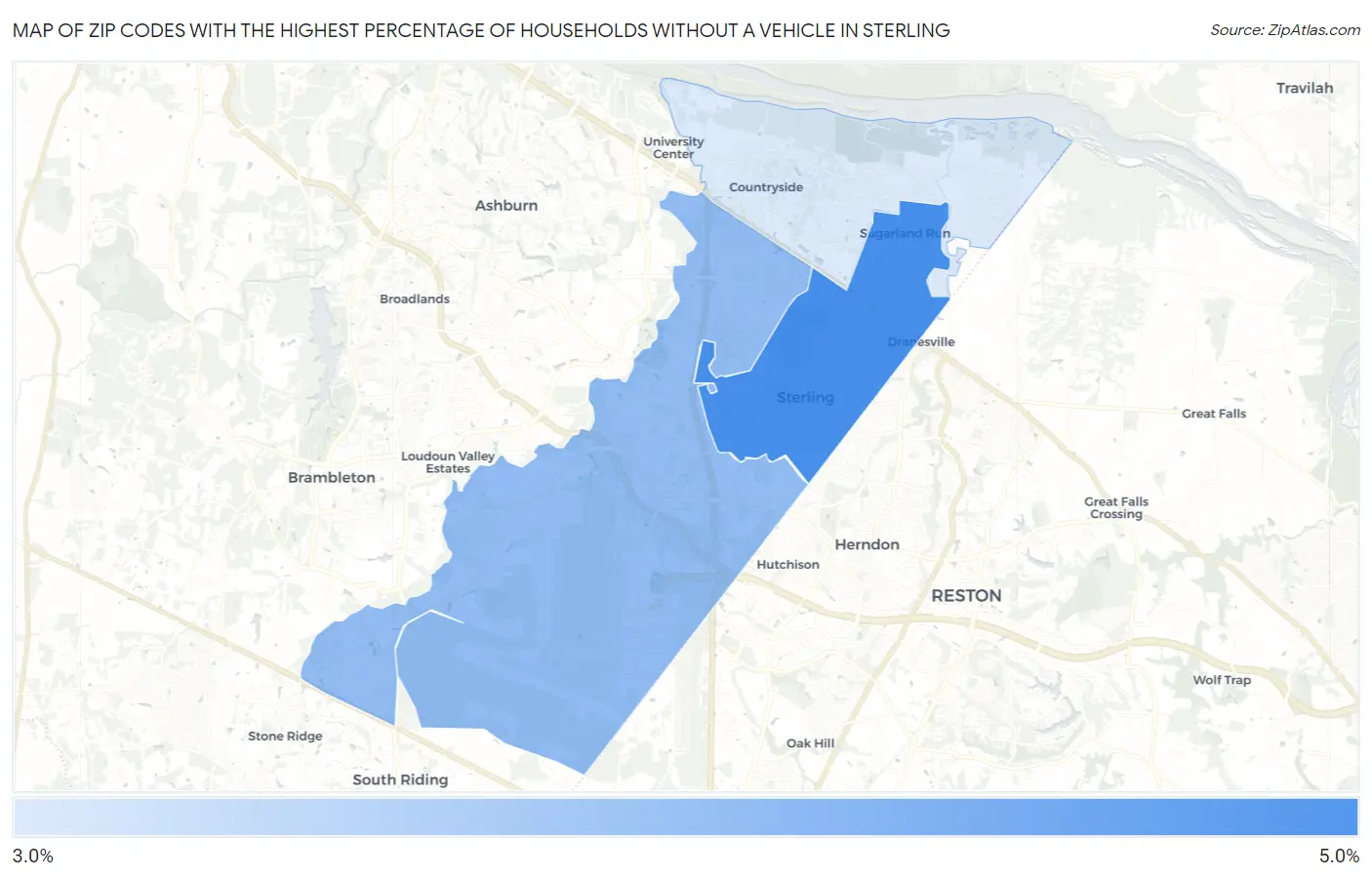 Zip Codes with the Highest Percentage of Households Without a Vehicle in Sterling Map