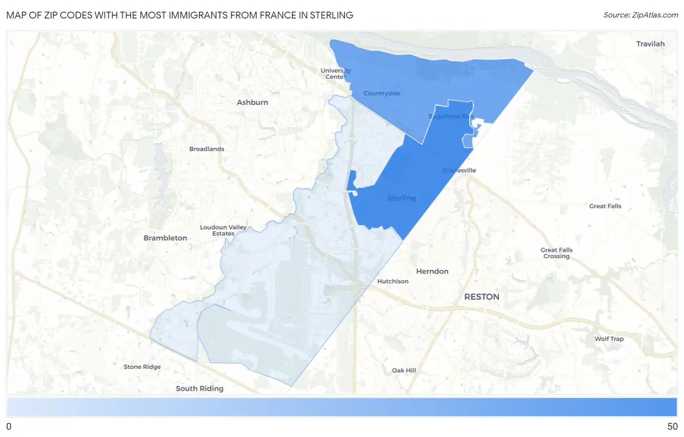 Zip Codes with the Most Immigrants from France in Sterling Map