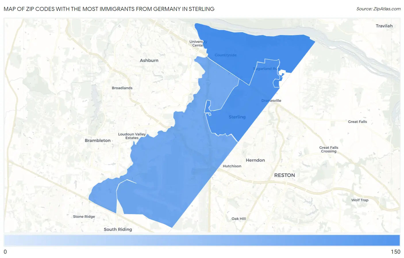 Zip Codes with the Most Immigrants from Germany in Sterling Map