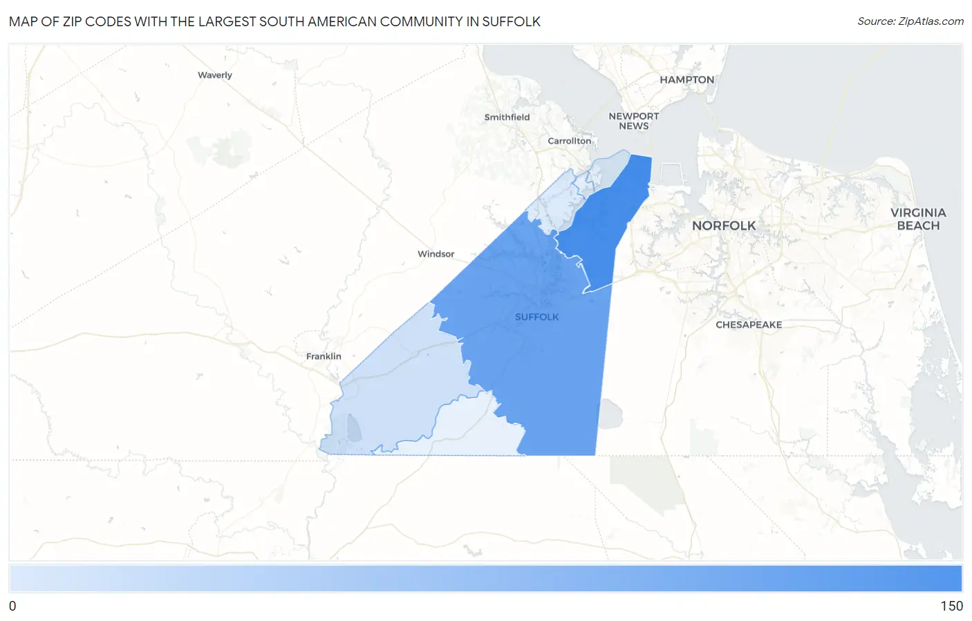 Zip Codes with the Largest South American Community in Suffolk Map