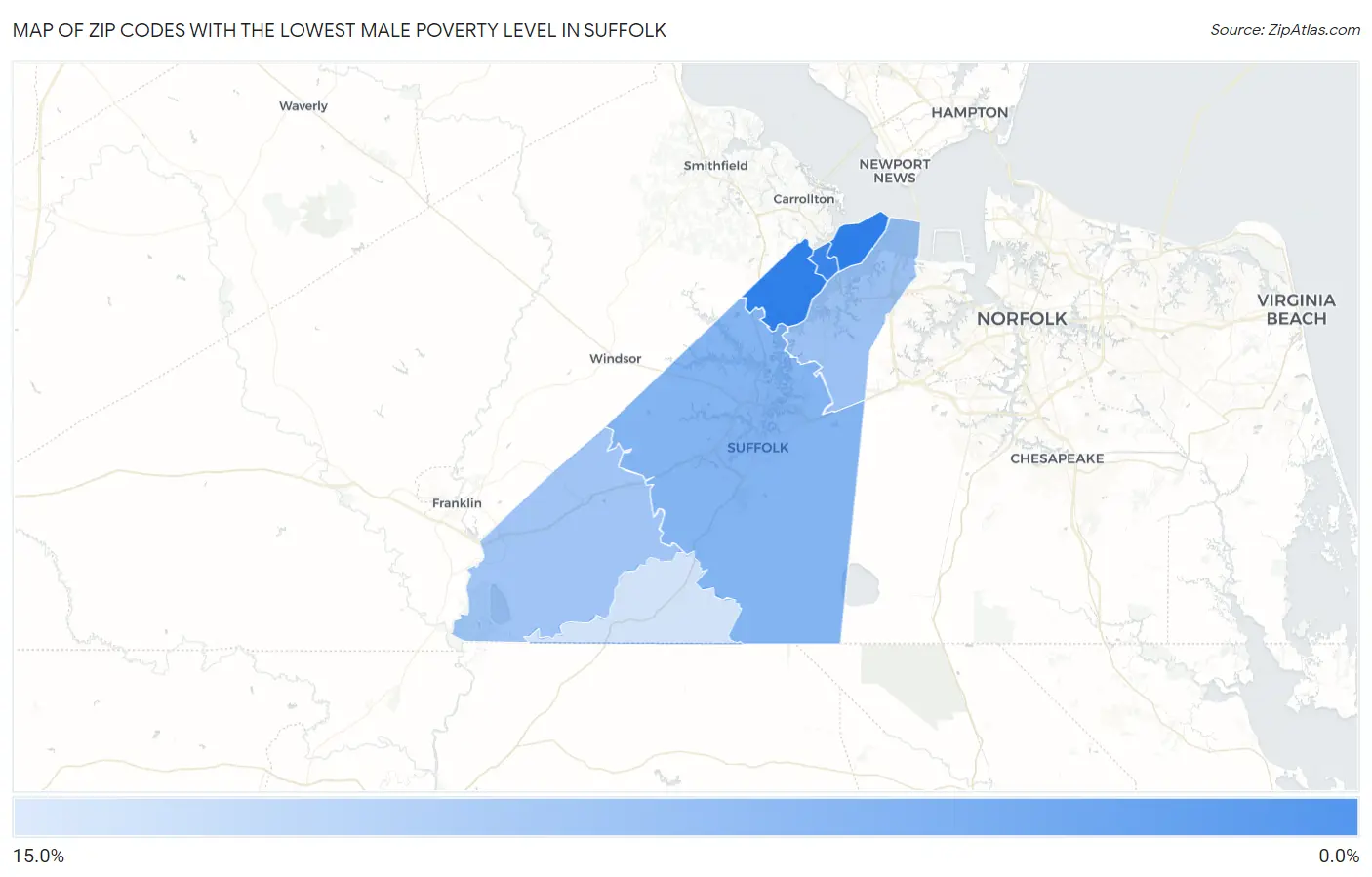 Zip Codes with the Lowest Male Poverty Level in Suffolk Map