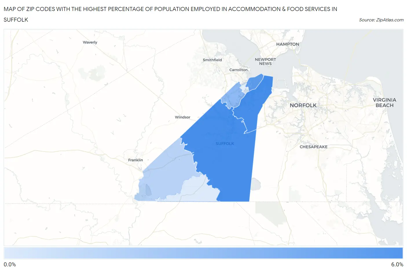 Zip Codes with the Highest Percentage of Population Employed in Accommodation & Food Services in Suffolk Map