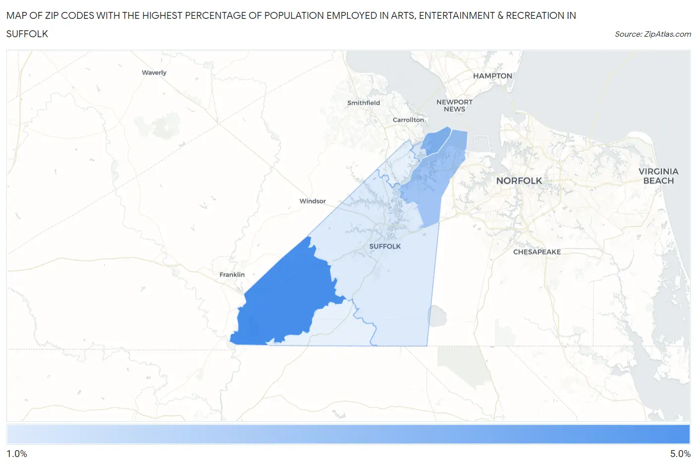 Zip Codes with the Highest Percentage of Population Employed in Arts, Entertainment & Recreation in Suffolk Map