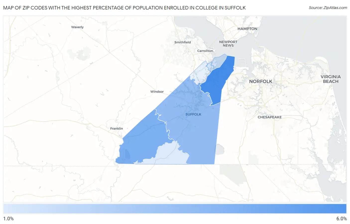 Zip Codes with the Highest Percentage of Population Enrolled in College in Suffolk Map