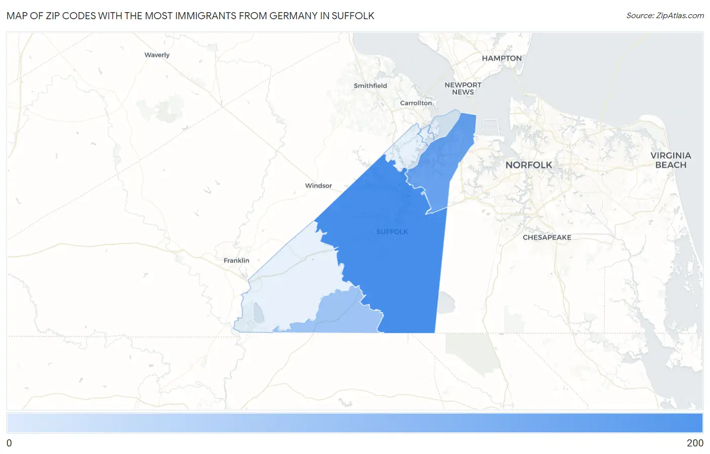 Zip Codes with the Most Immigrants from Germany in Suffolk Map