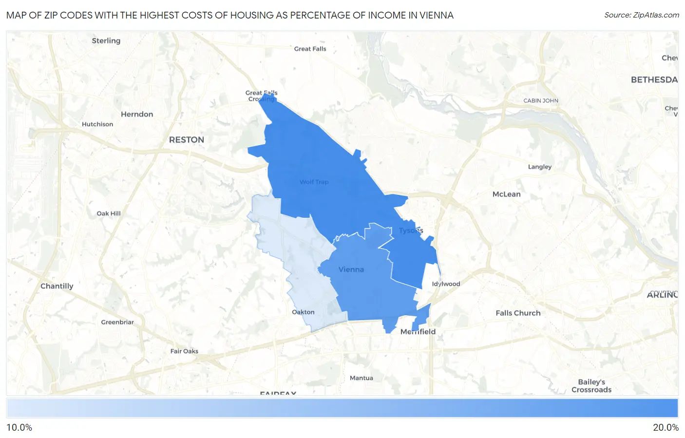 Zip Codes with the Highest Costs of Housing as Percentage of Income in Vienna Map