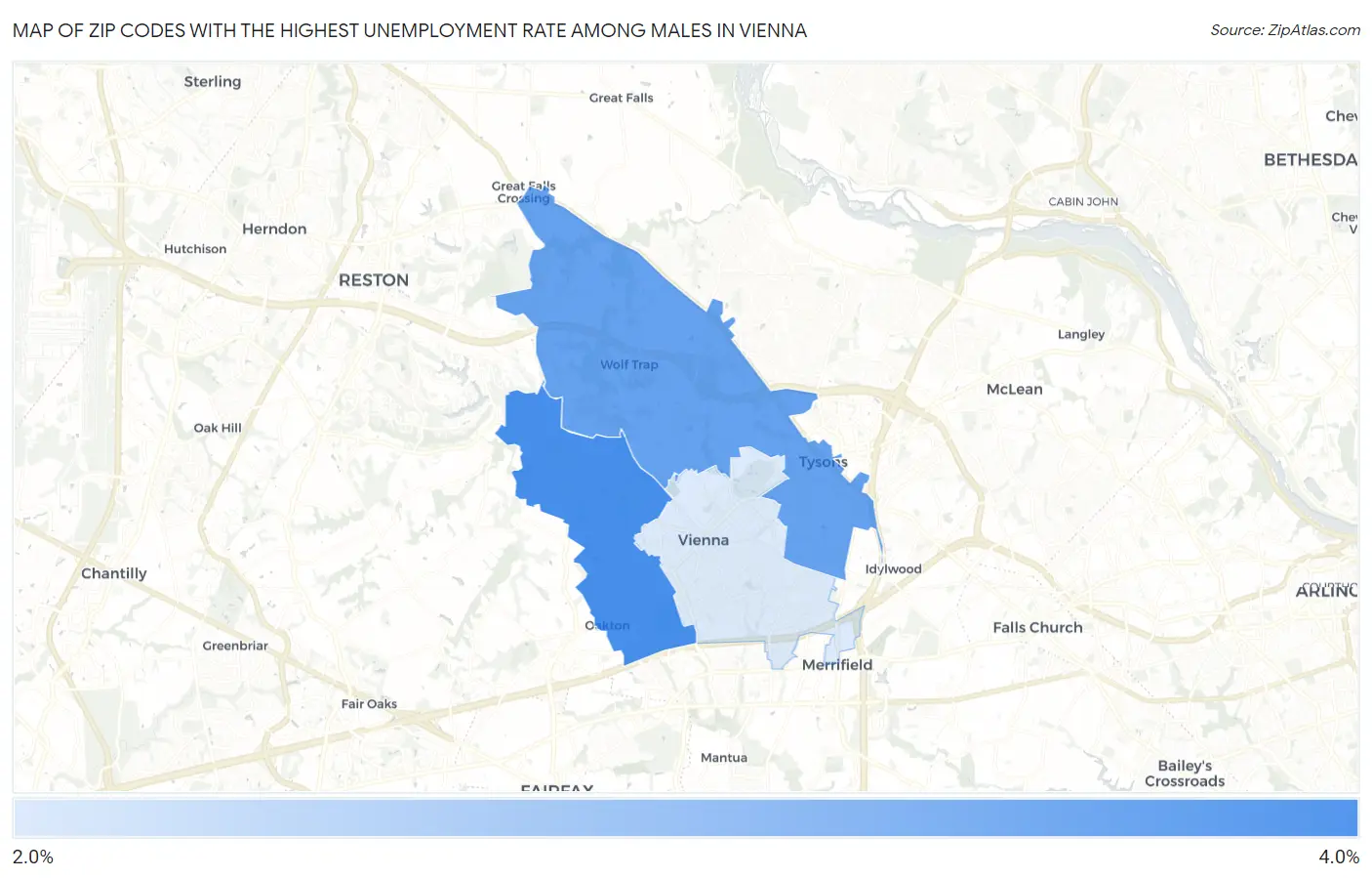 Zip Codes with the Highest Unemployment Rate Among Males in Vienna Map