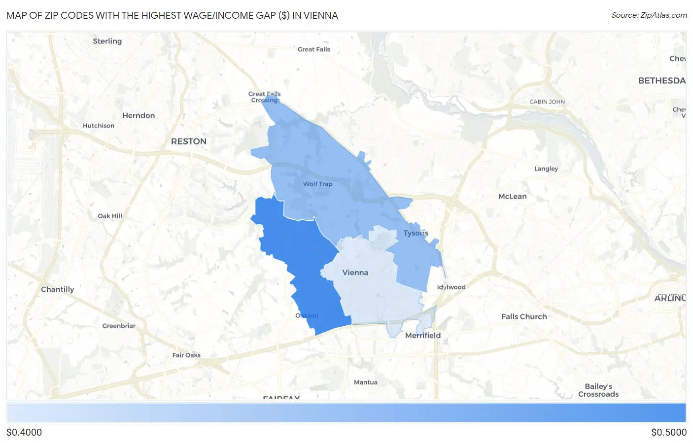 Zip Codes with the Highest Wage/Income Gap ($) in Vienna Map