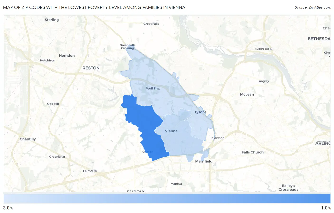 Zip Codes with the Lowest Poverty Level Among Families in Vienna Map