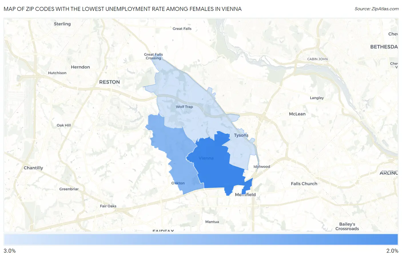 Zip Codes with the Lowest Unemployment Rate Among Females in Vienna Map