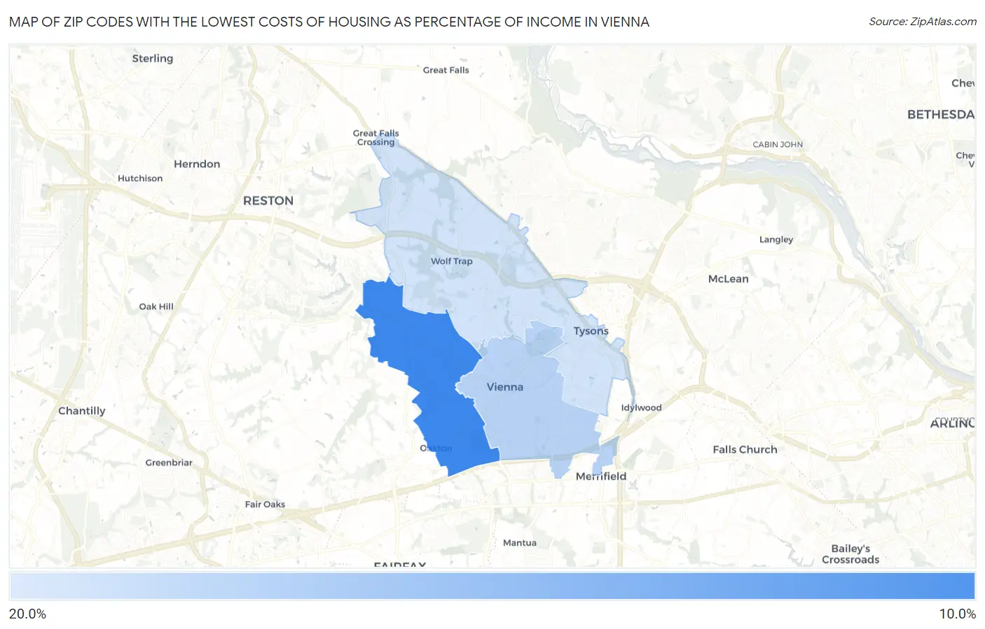 Zip Codes with the Lowest Costs of Housing as Percentage of Income in Vienna Map