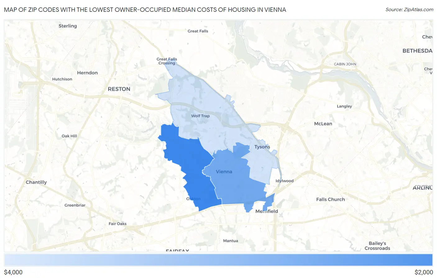 Zip Codes with the Lowest Owner-Occupied Median Costs of Housing in Vienna Map