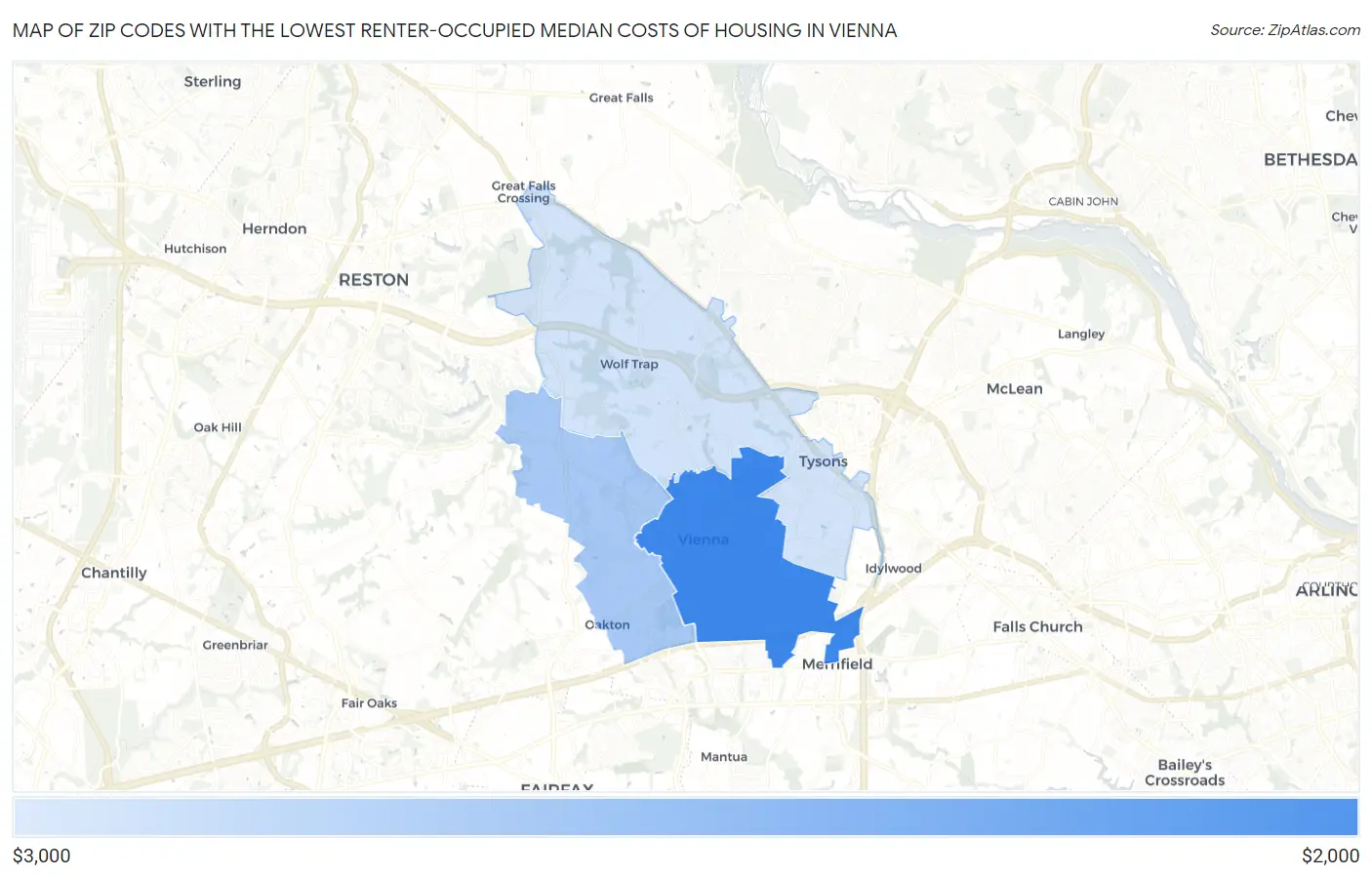 Zip Codes with the Lowest Renter-Occupied Median Costs of Housing in Vienna Map