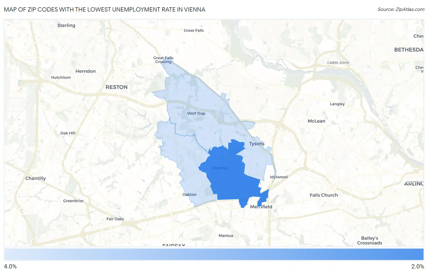 Zip Codes with the Lowest Unemployment Rate in Vienna Map