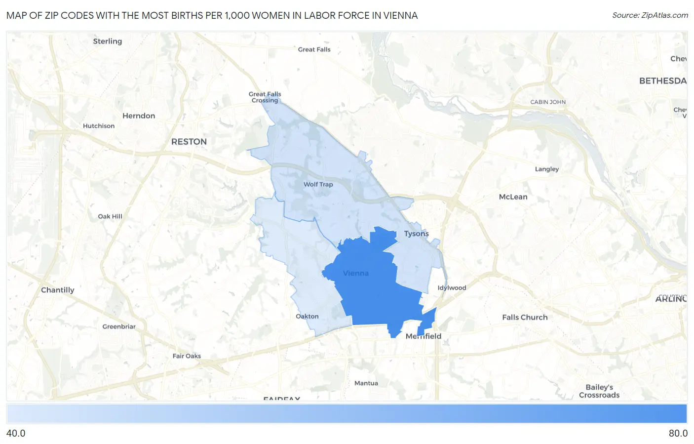 Zip Codes with the Most Births per 1,000 Women in Labor Force in Vienna Map