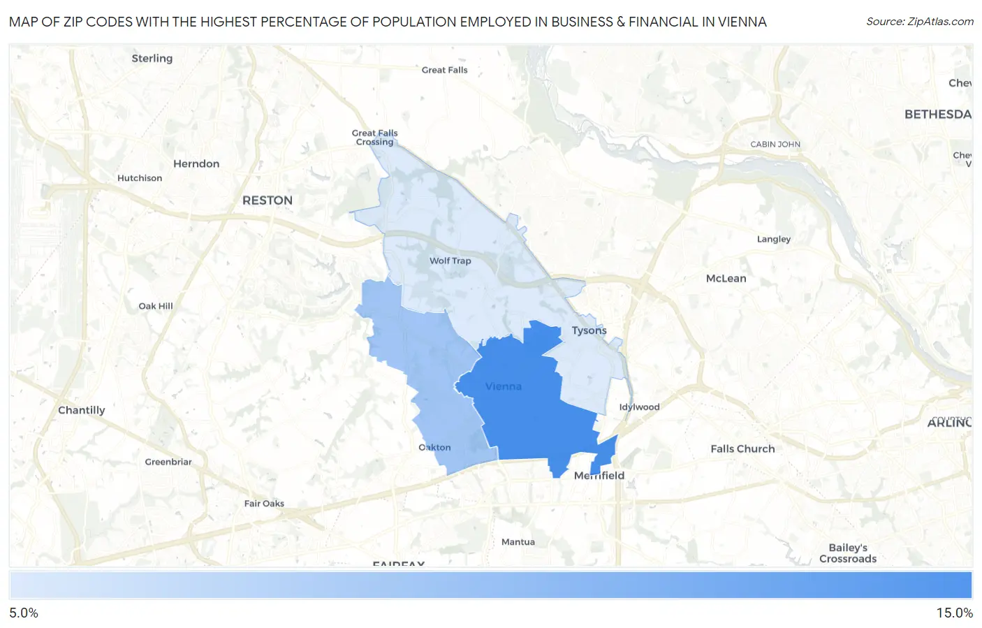 Zip Codes with the Highest Percentage of Population Employed in Business & Financial in Vienna Map