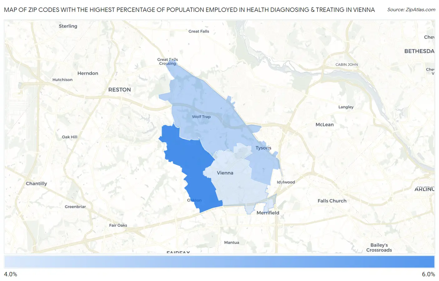 Zip Codes with the Highest Percentage of Population Employed in Health Diagnosing & Treating in Vienna Map