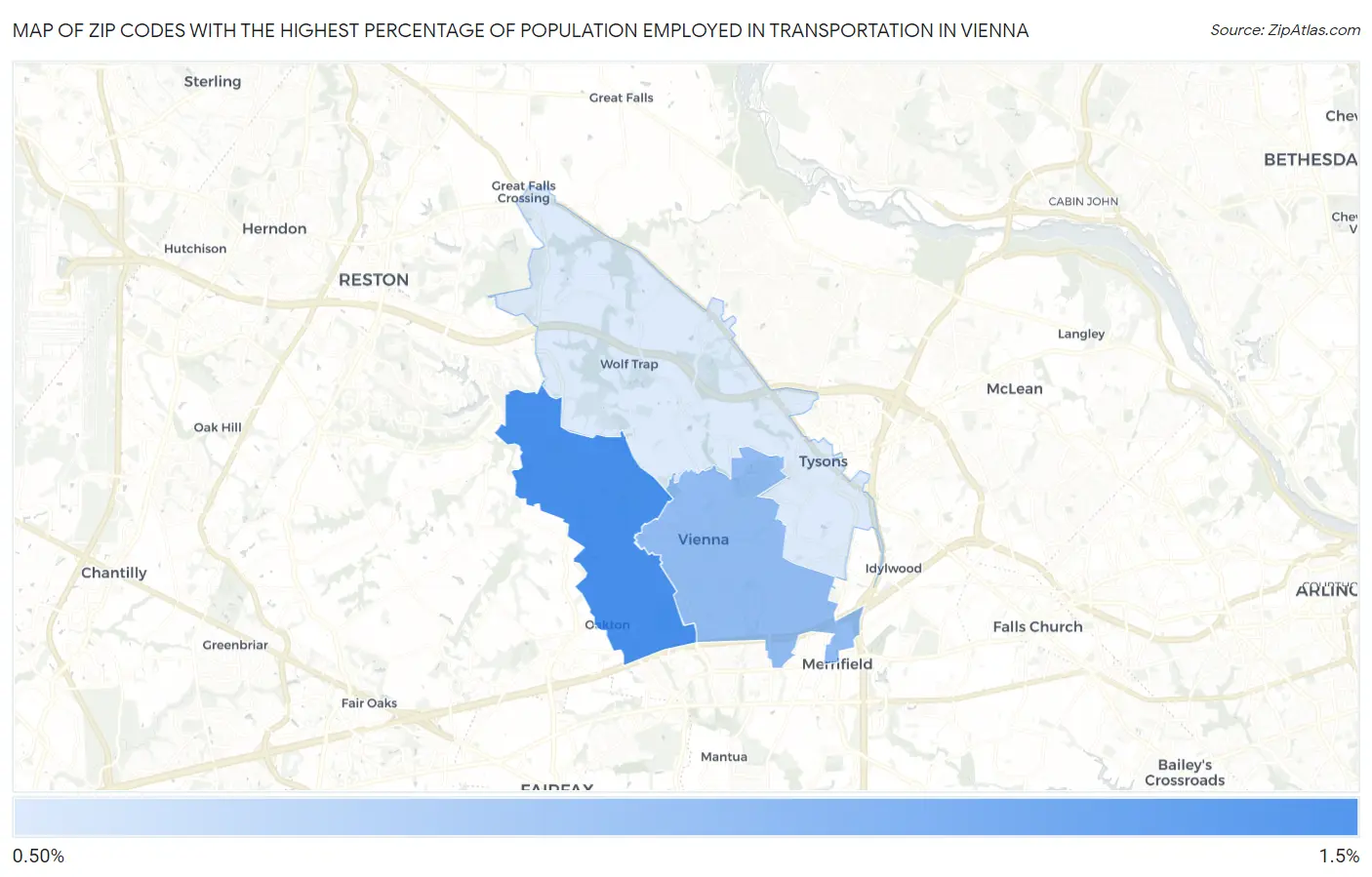 Zip Codes with the Highest Percentage of Population Employed in Transportation in Vienna Map