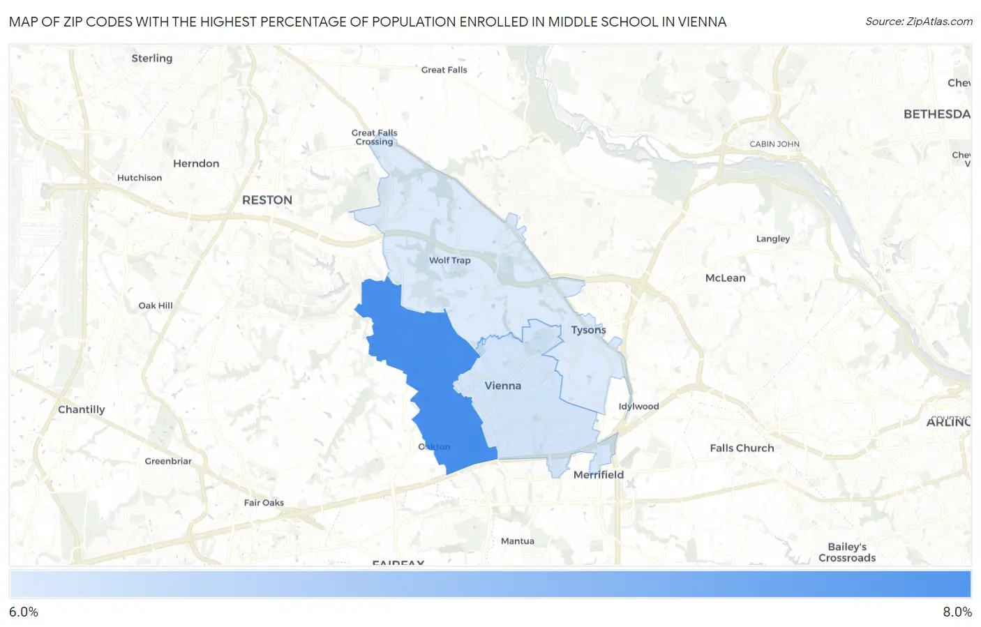 Zip Codes with the Highest Percentage of Population Enrolled in Middle School in Vienna Map