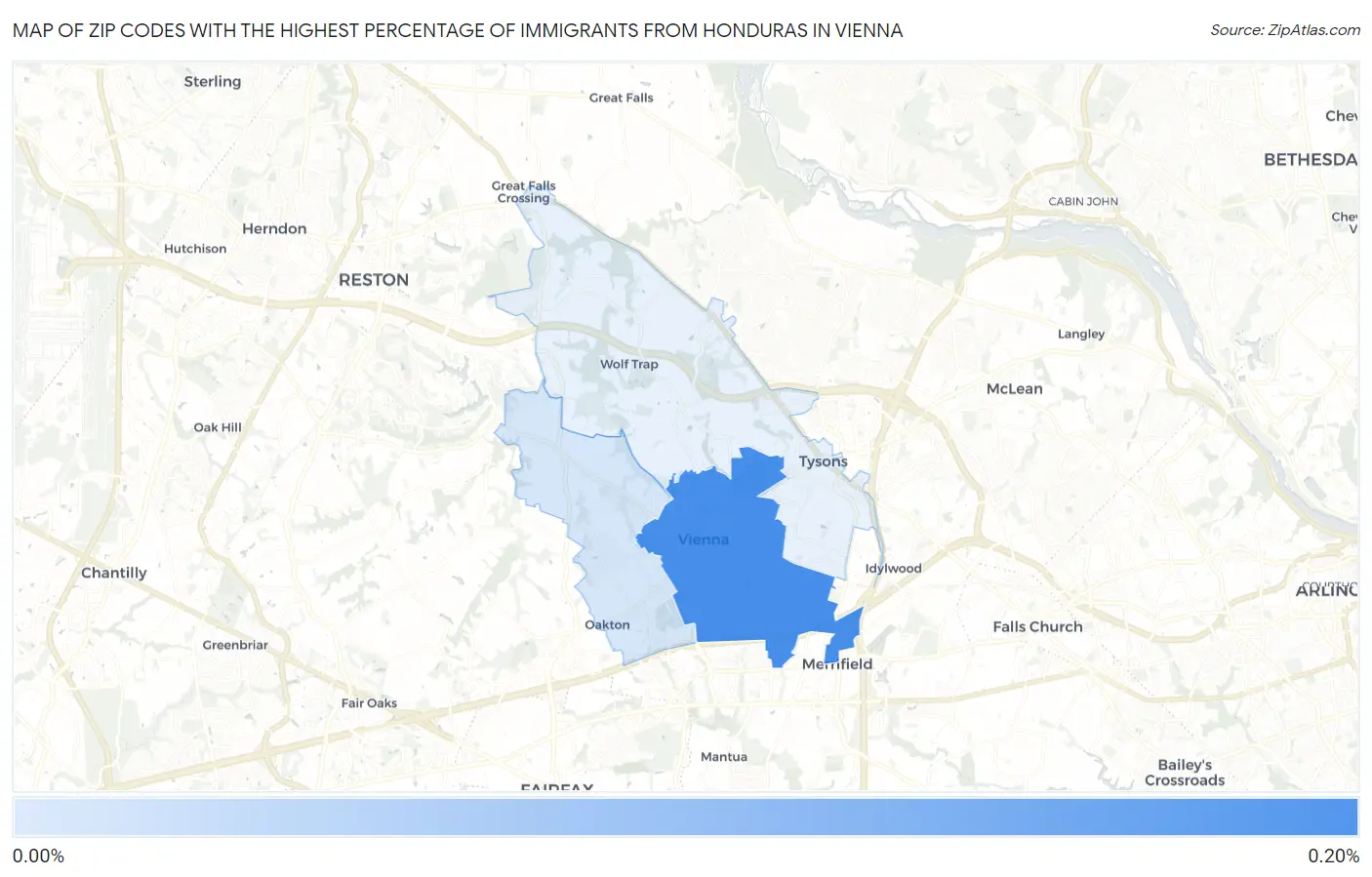 Zip Codes with the Highest Percentage of Immigrants from Honduras in Vienna Map