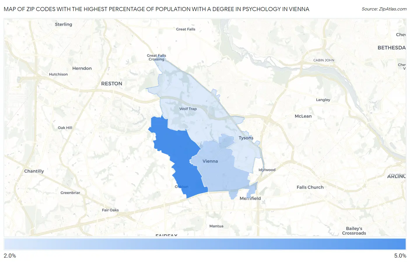 Zip Codes with the Highest Percentage of Population with a Degree in Psychology in Vienna Map