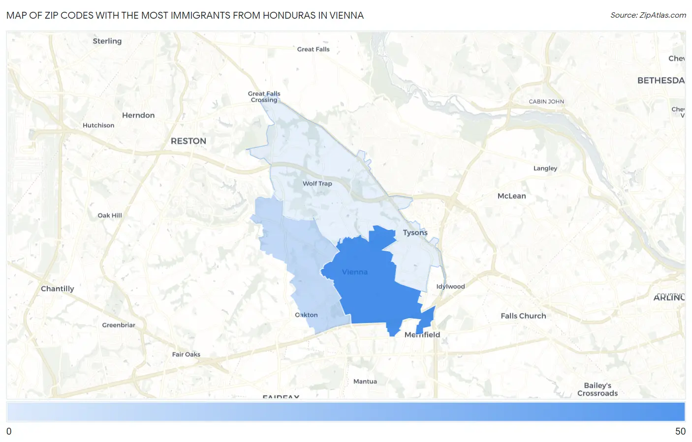 Zip Codes with the Most Immigrants from Honduras in Vienna Map